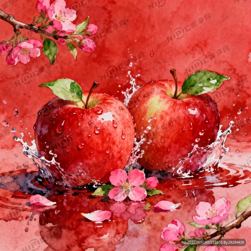 红色背景带花瓣 苹果上带水珠