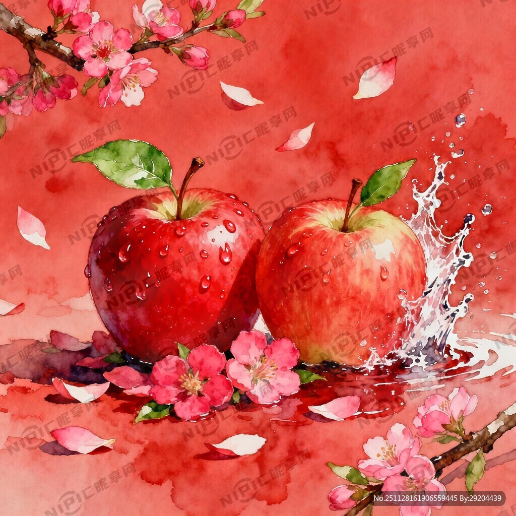 红色背景飘着花瓣  绿色叶子