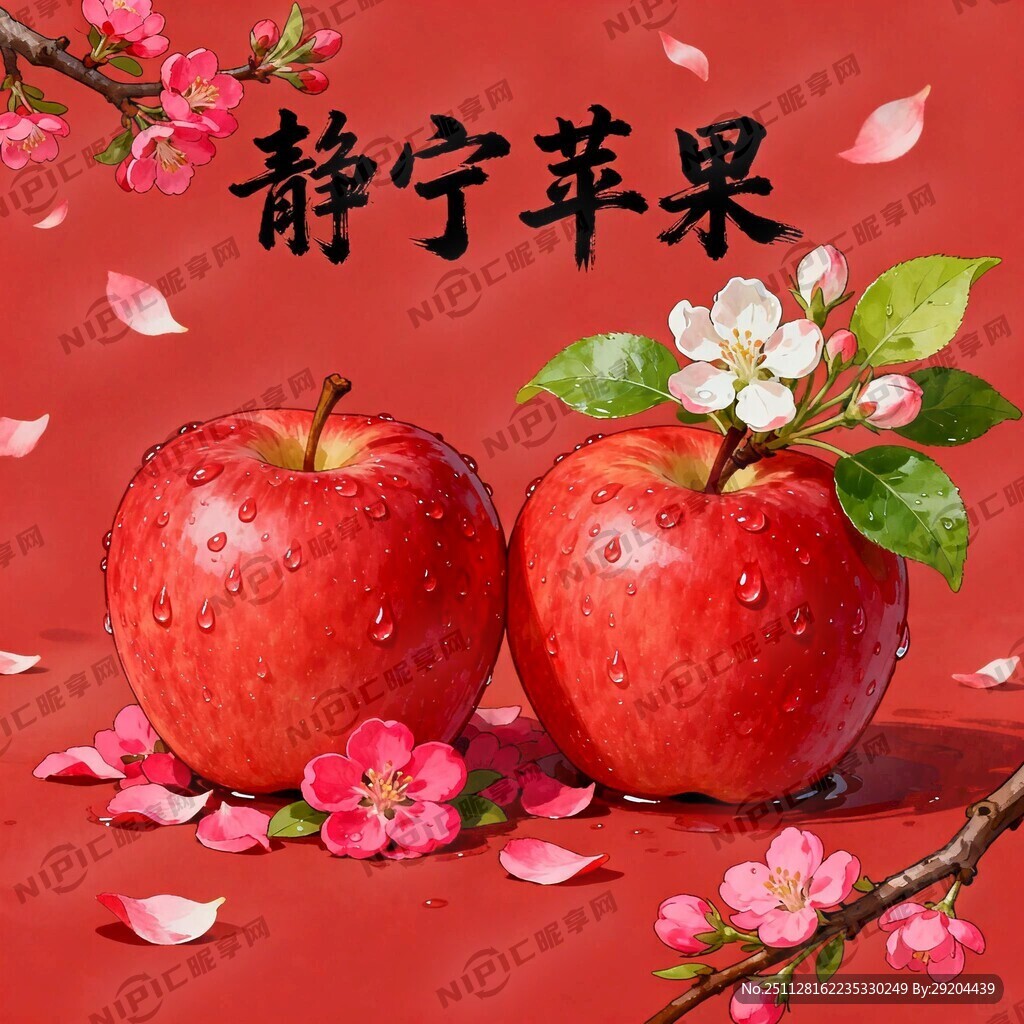 红色背景飘着花瓣 绿色叶子