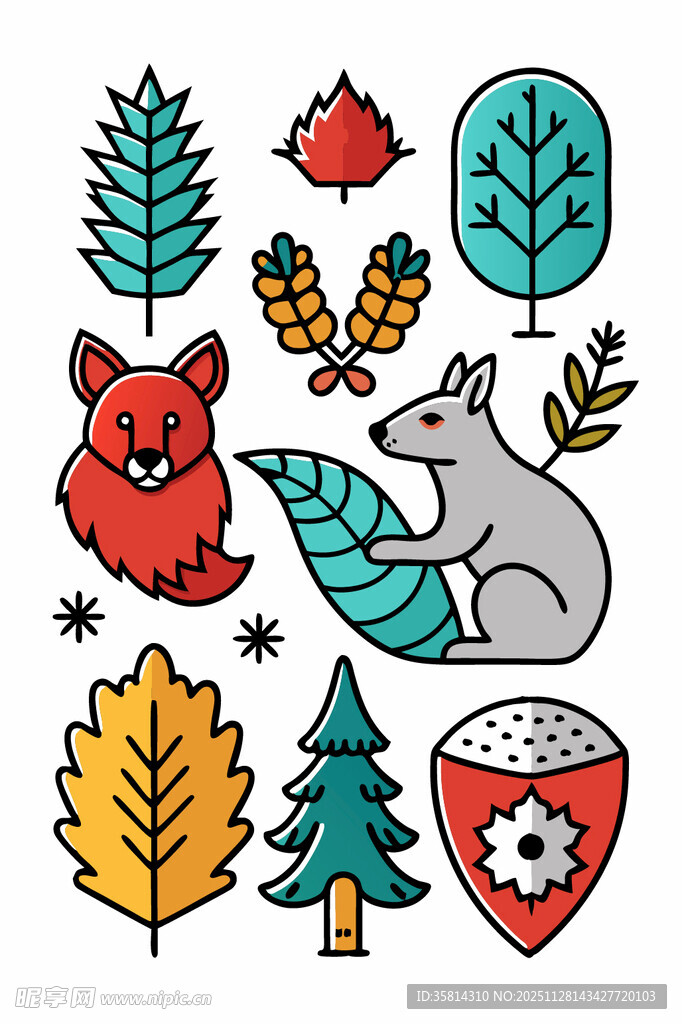 森林动物与植物可爱插画