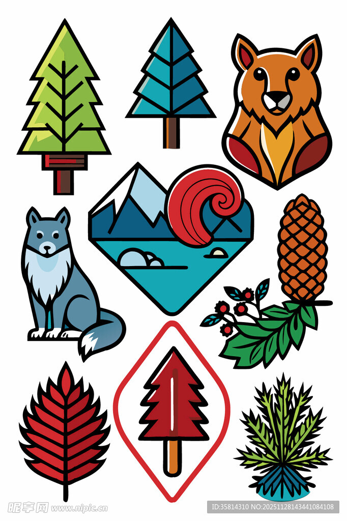 森林动物与植物图标集