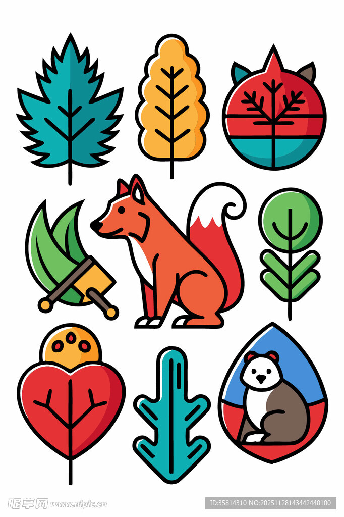 森林动物与植物图标集