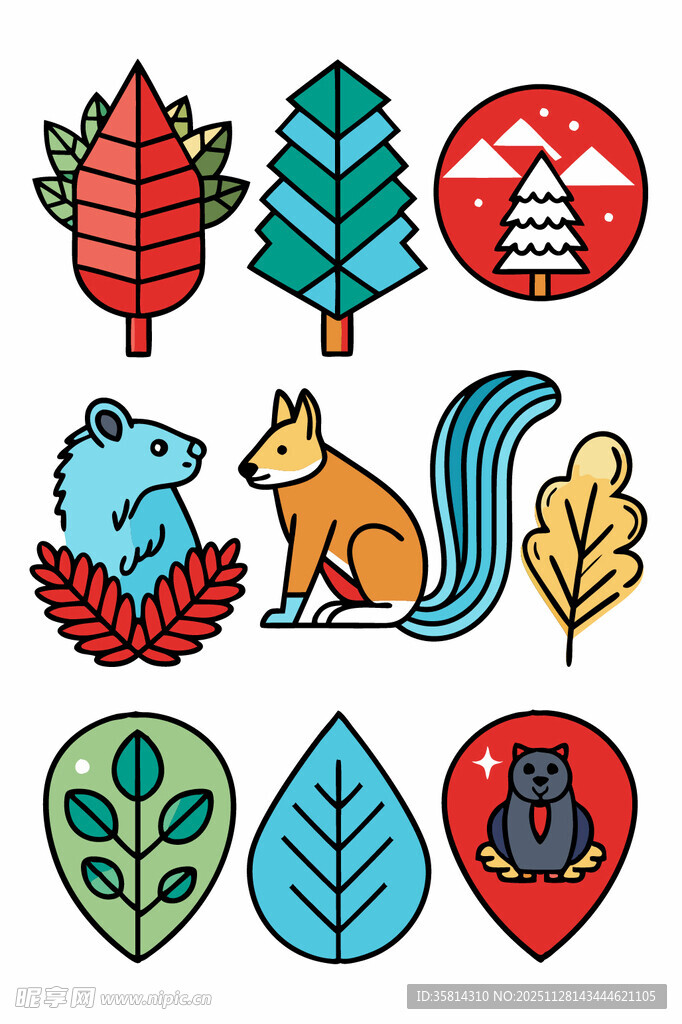 森林动物与植物图标集