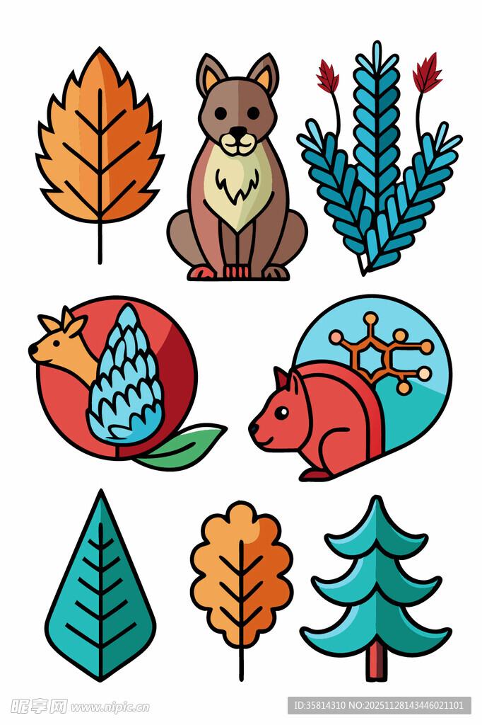 秋季动物与植物图标集合