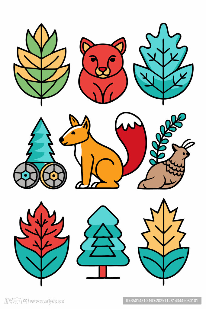 森林动物与植物图标集
