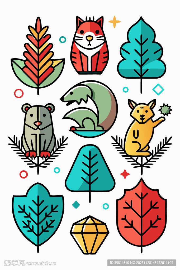 可爱动物与植物插画元素