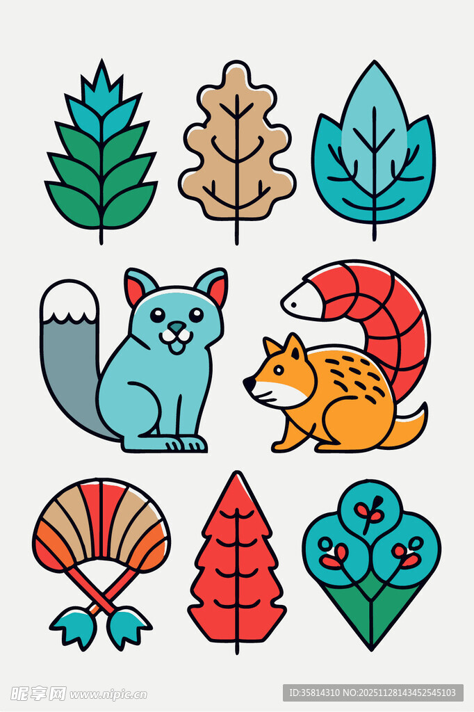 森林动物与多彩树叶图案