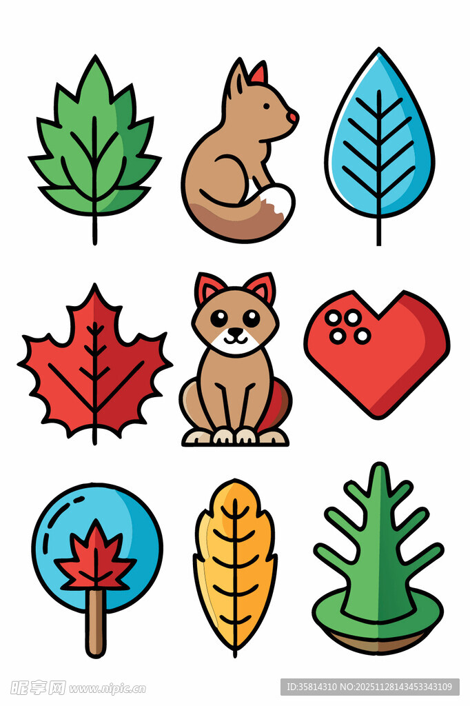 秋季动物与植物图标集合