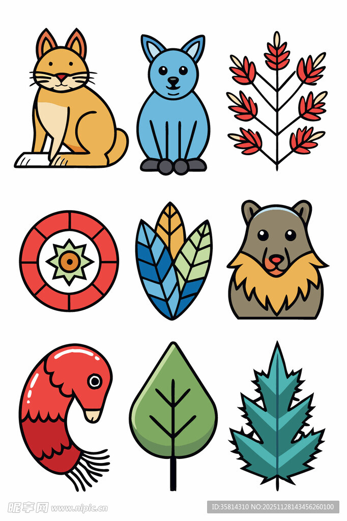 森林动物与植物图标集合