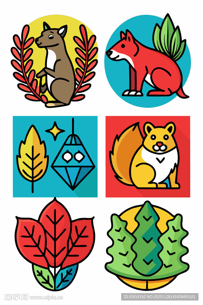 森林动物与自然元素图标