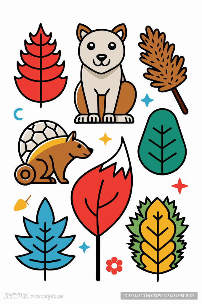 秋季动物与树叶插画元素