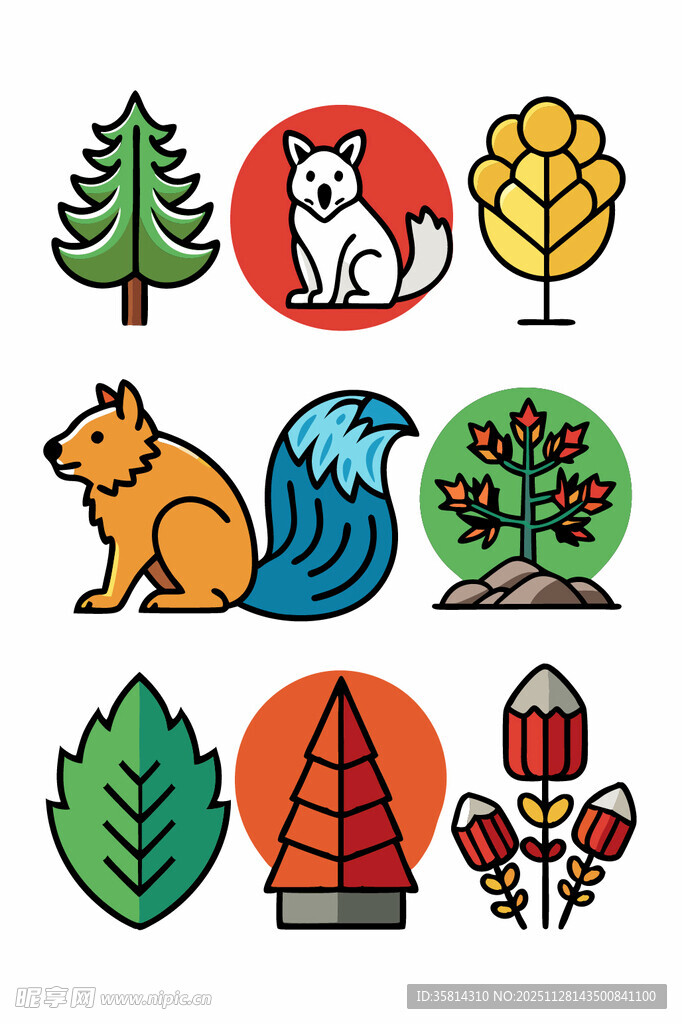 森林动物与自然元素图标