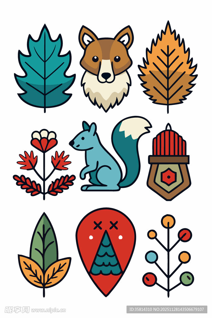 秋季动物与植物元素插画