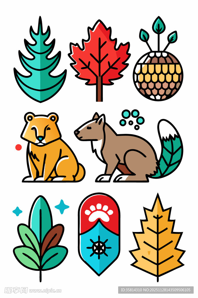 森林动物与植物图标集