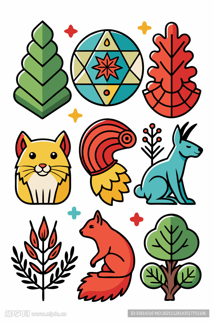 可爱动物与植物插画元素