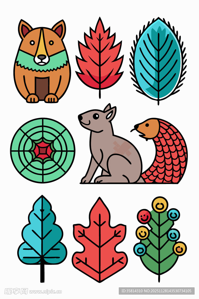 森林动物与多彩植物图案