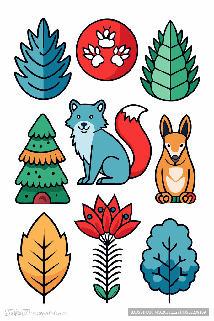 森林动物与植物图标集