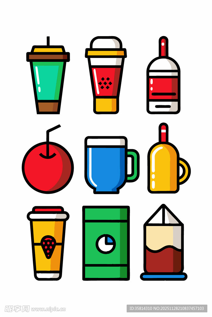 多彩饮品与食品图标集合