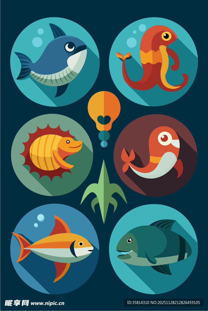 多彩海洋生物图标集合