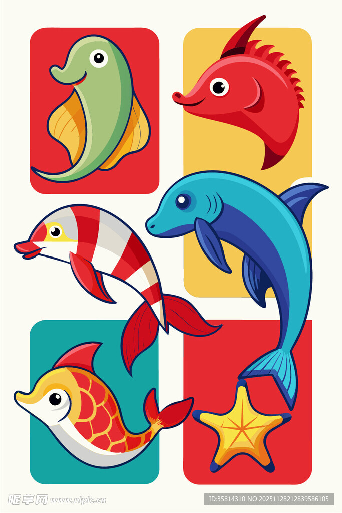 海洋动物卡通图案集合