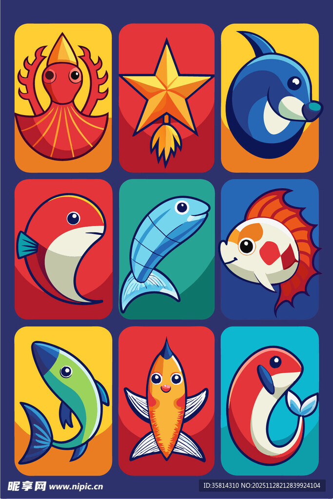 海洋生物卡通图标集合