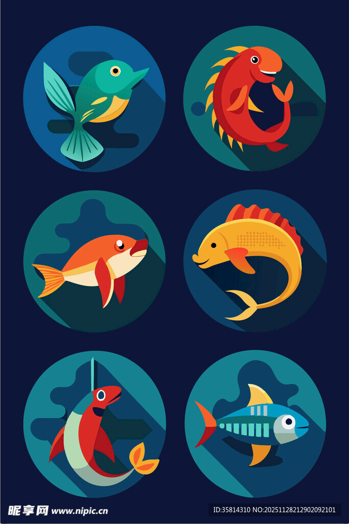 多彩卡通鱼类图标集合