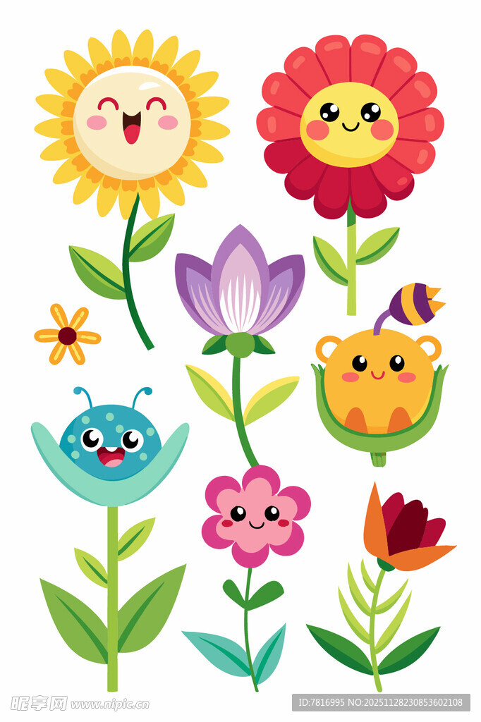 可爱卡通花卉与小鸟图案