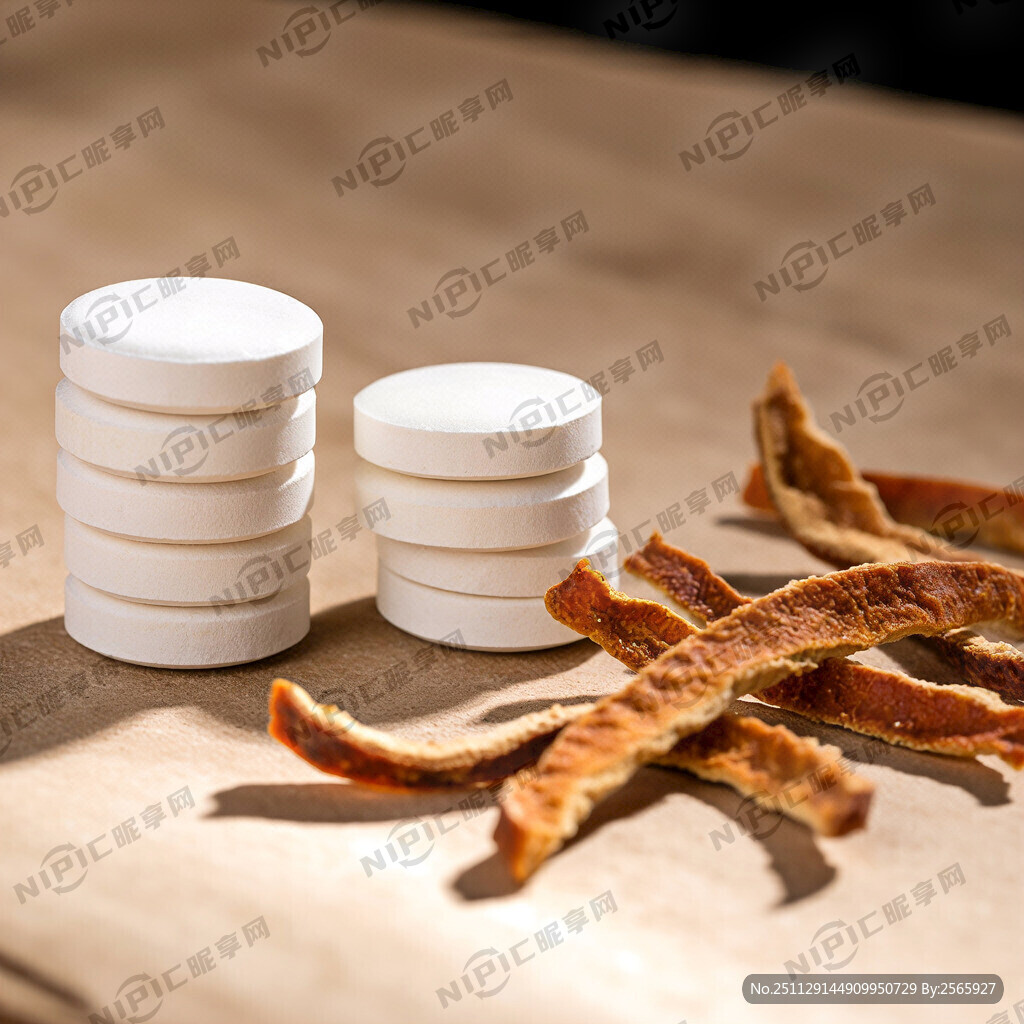 一叠陈皮含片 旁边放着几块陈皮