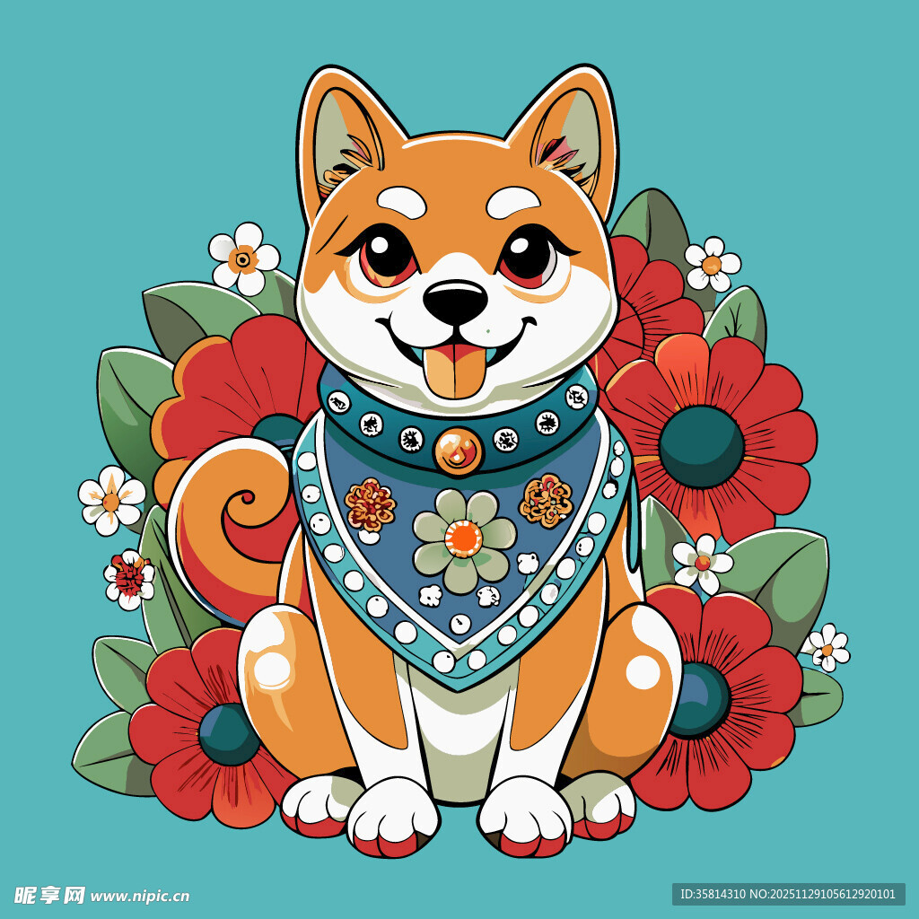 可爱柴犬戴巾伴花