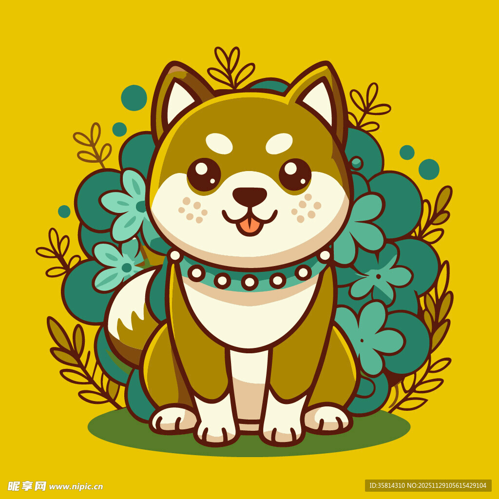 可爱柴犬置身绿植花丛中