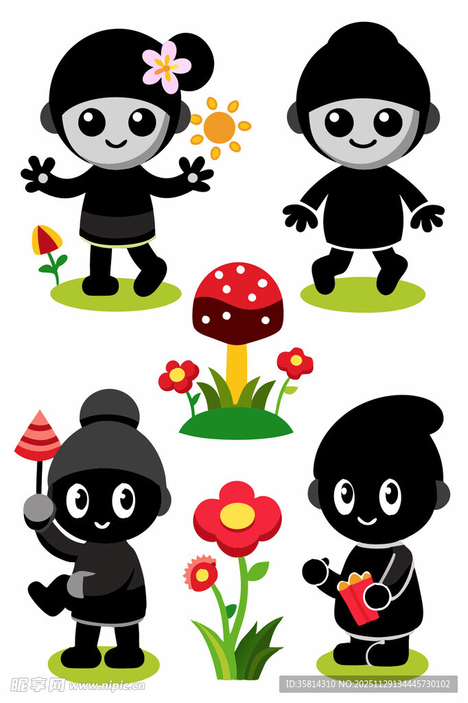 可爱卡通小黑人与花草