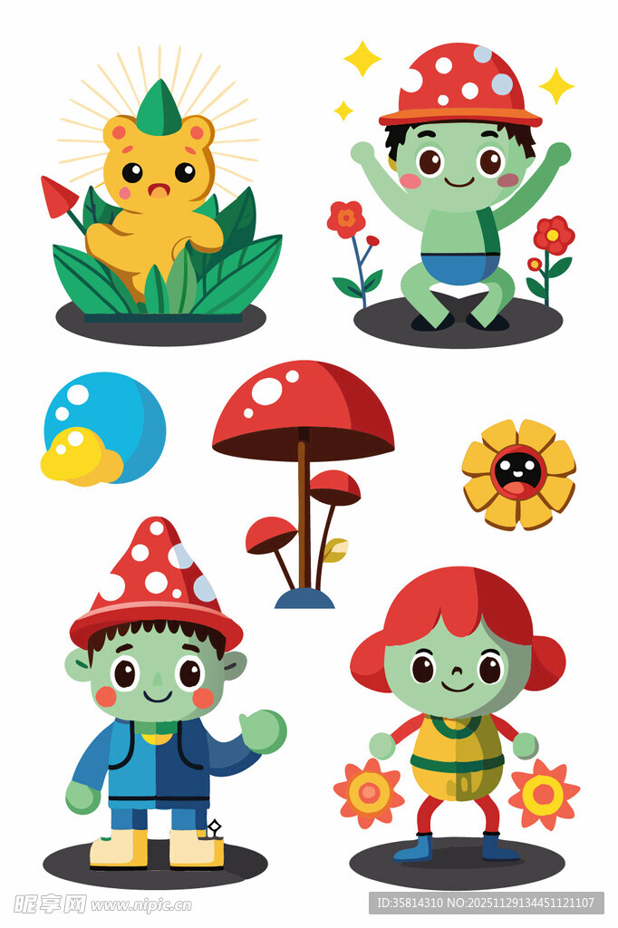 可爱卡通小精灵与蘑菇元素