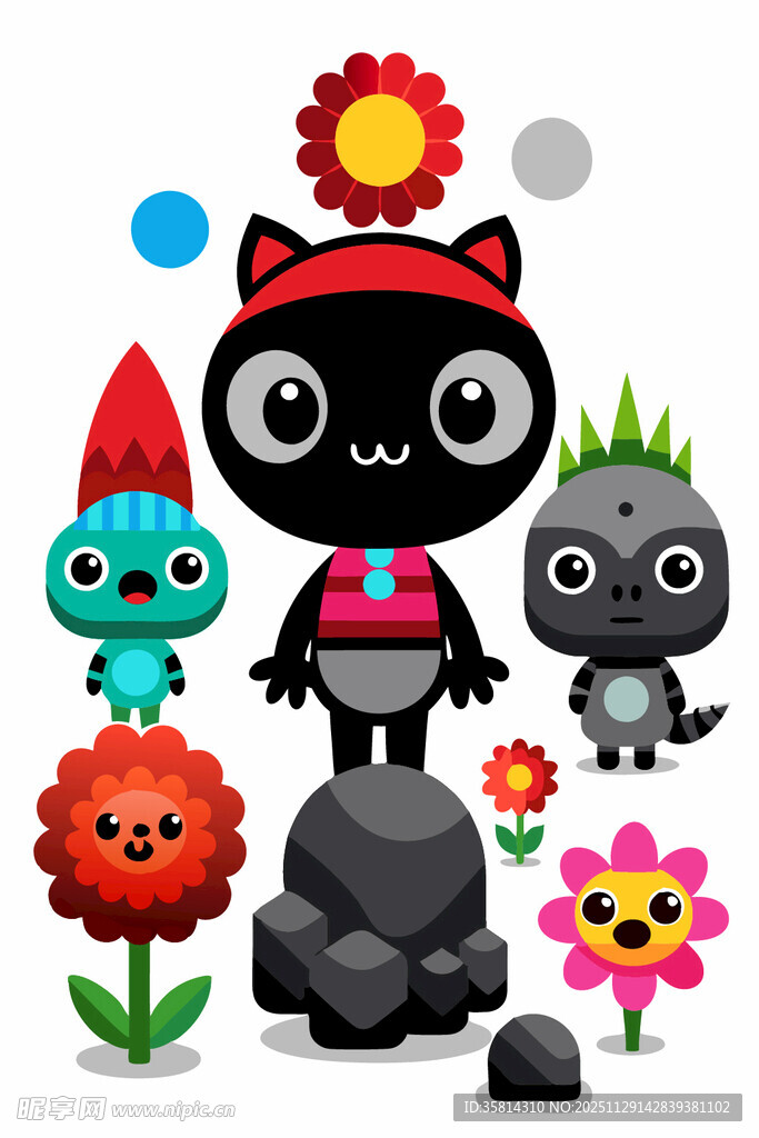 可爱卡通角色与花卉场景
