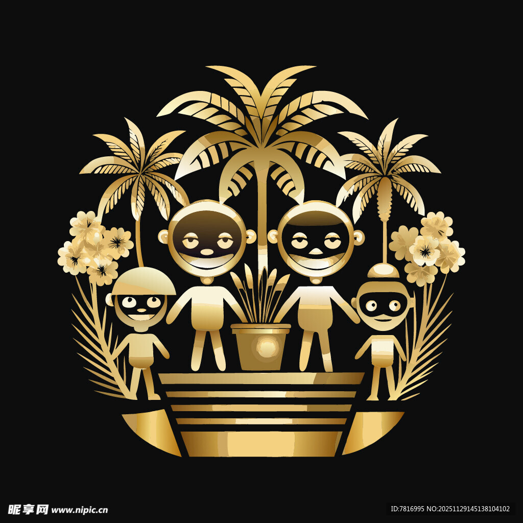 金色卡通人物与棕榈树图案