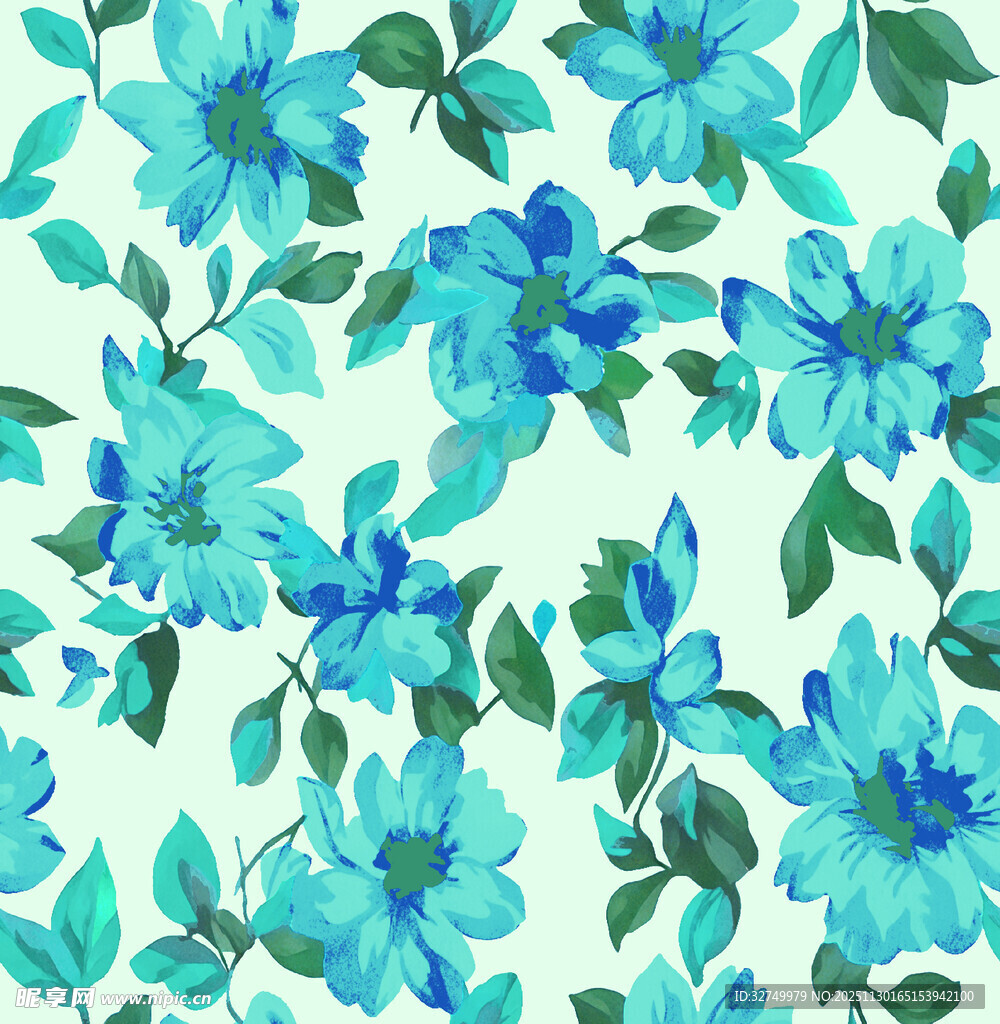 蓝花绿叶清新花卉图案