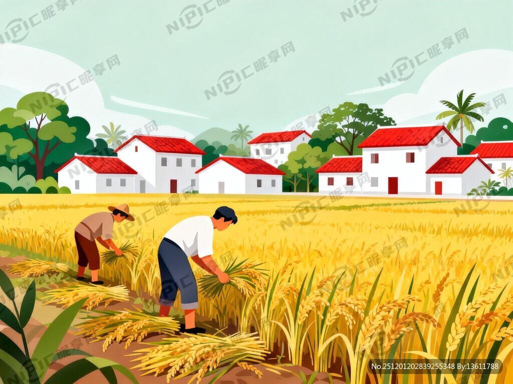 建设新乡村、新农村人、收水稻的