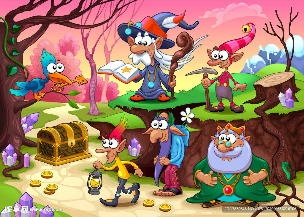小矮人在宝藏旁的欢乐场景
