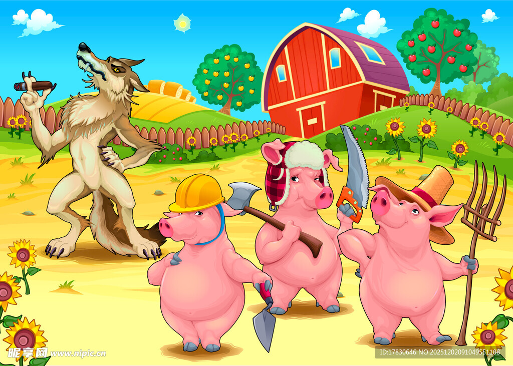 农场中猪与狼的对峙场景