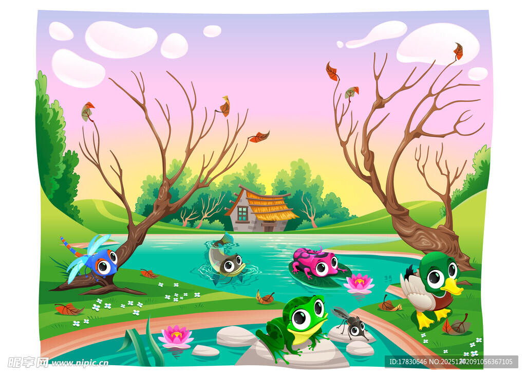 春日池塘边的欢乐动物景象