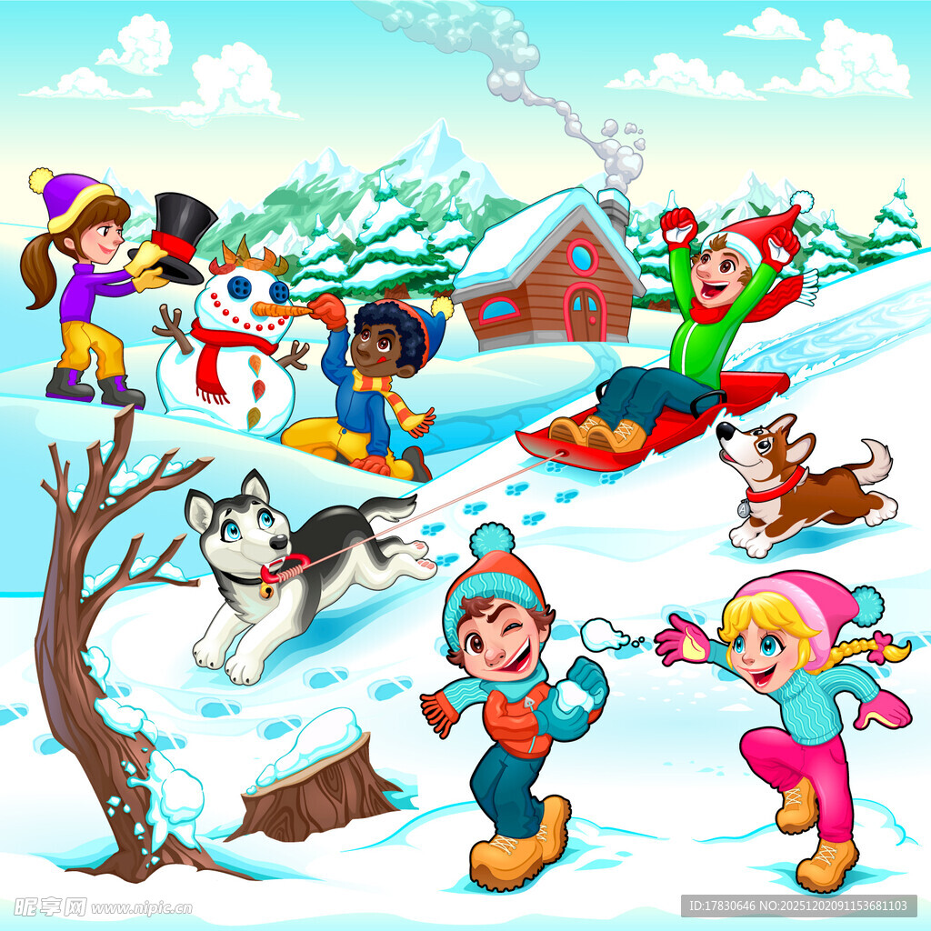 冬日雪地儿童欢乐玩耍场景