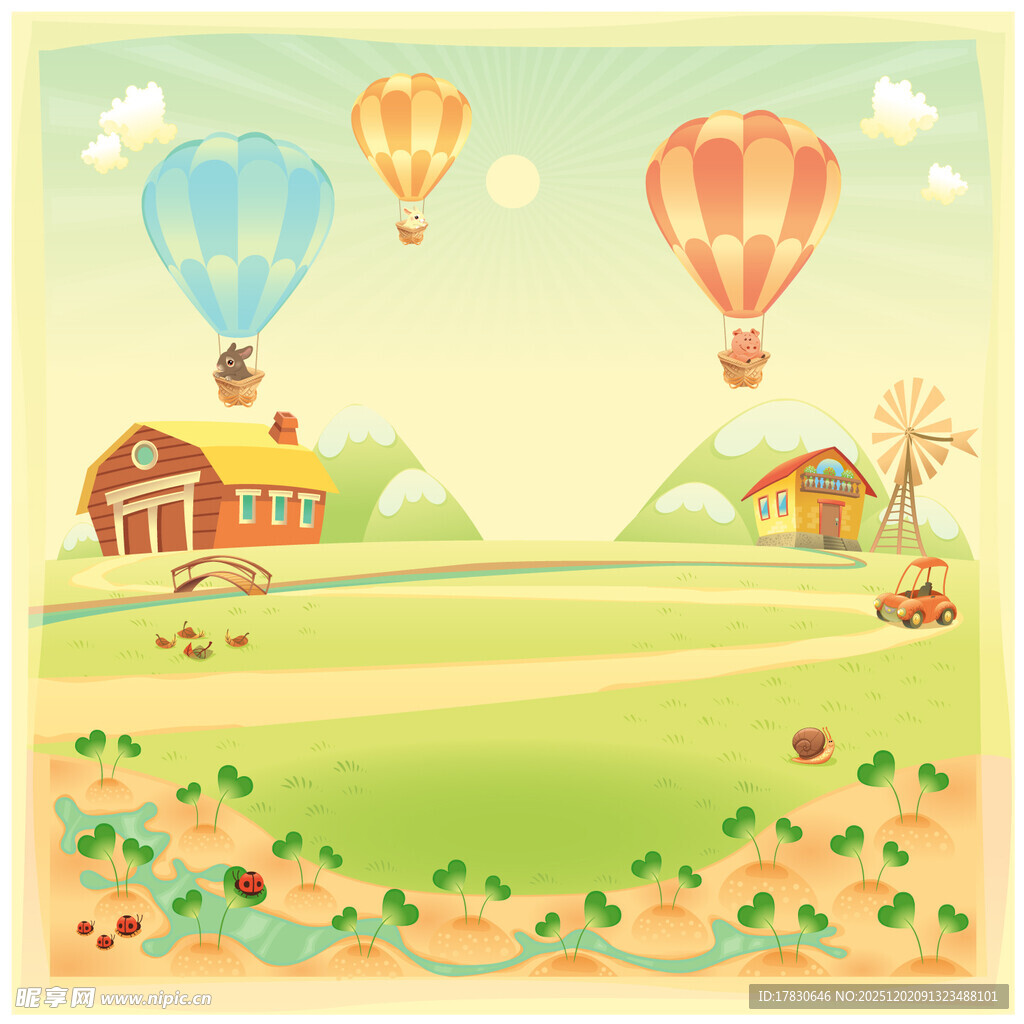 田园风光中的多彩热气球