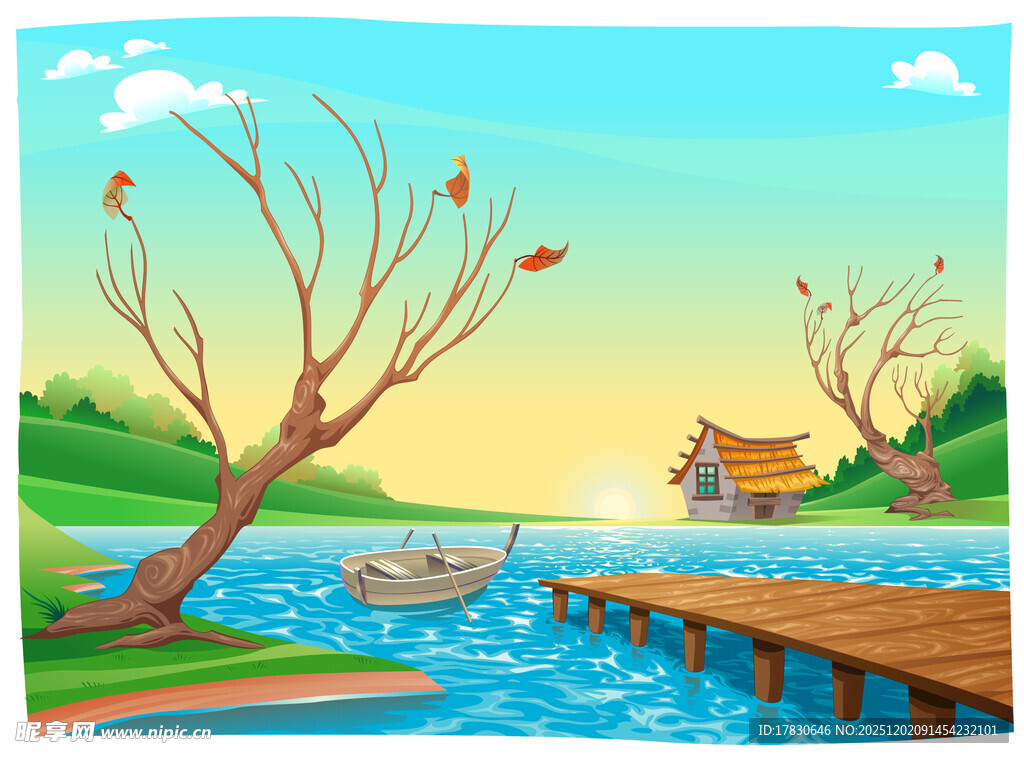 秋日湖畔木桥小船风景图