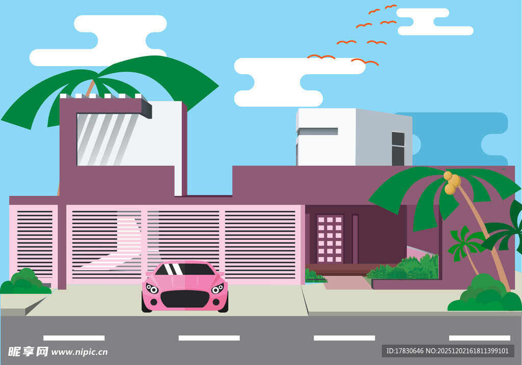 现代风格住宅与粉色轿车