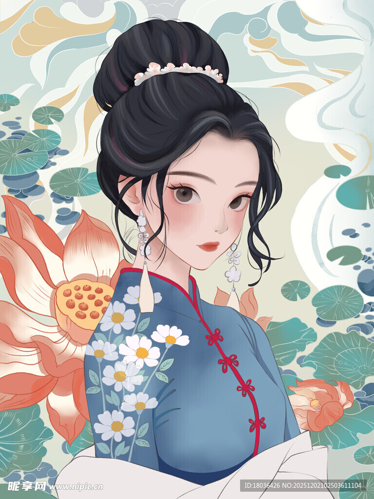 古风少女赏荷图