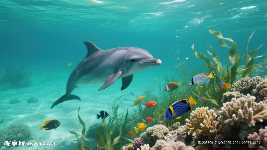 海底海豚与多彩珊瑚景观