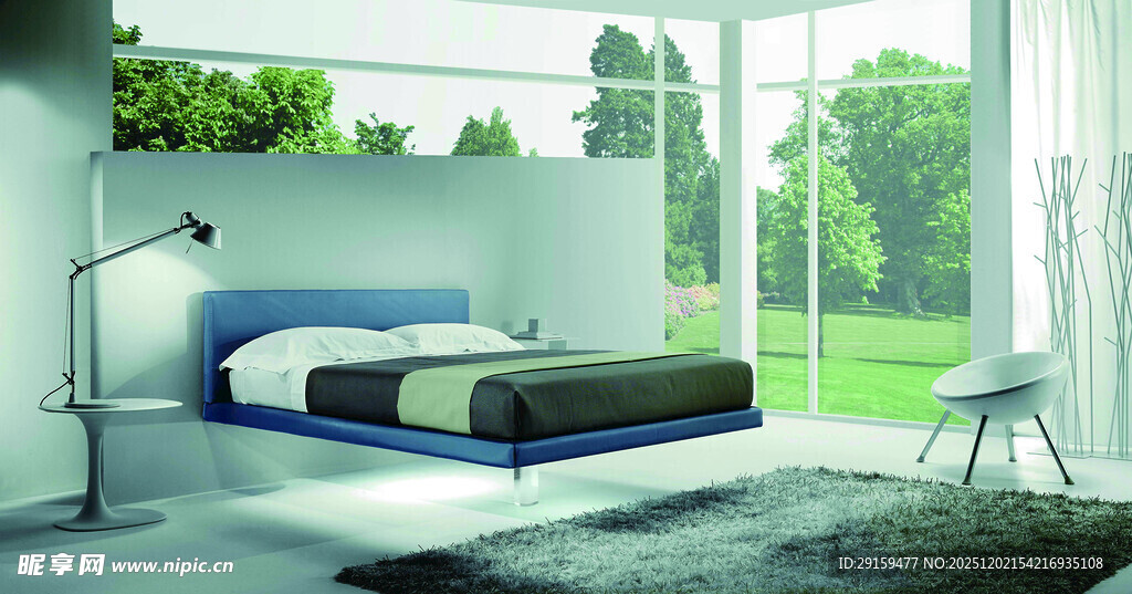 现代简约卧室窗外绿意浓