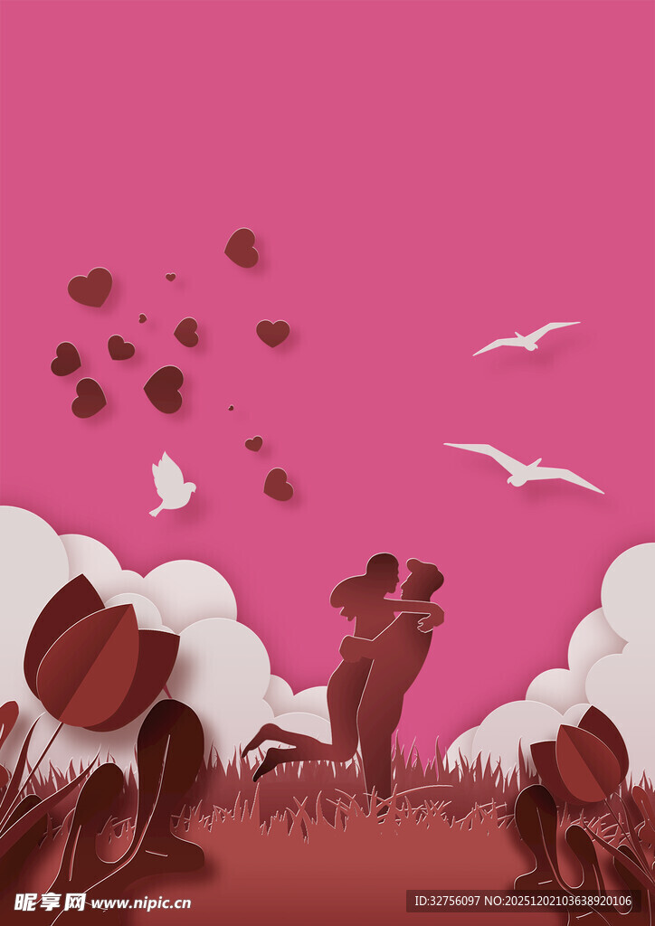 浪漫情侣在粉色梦幻场景相拥