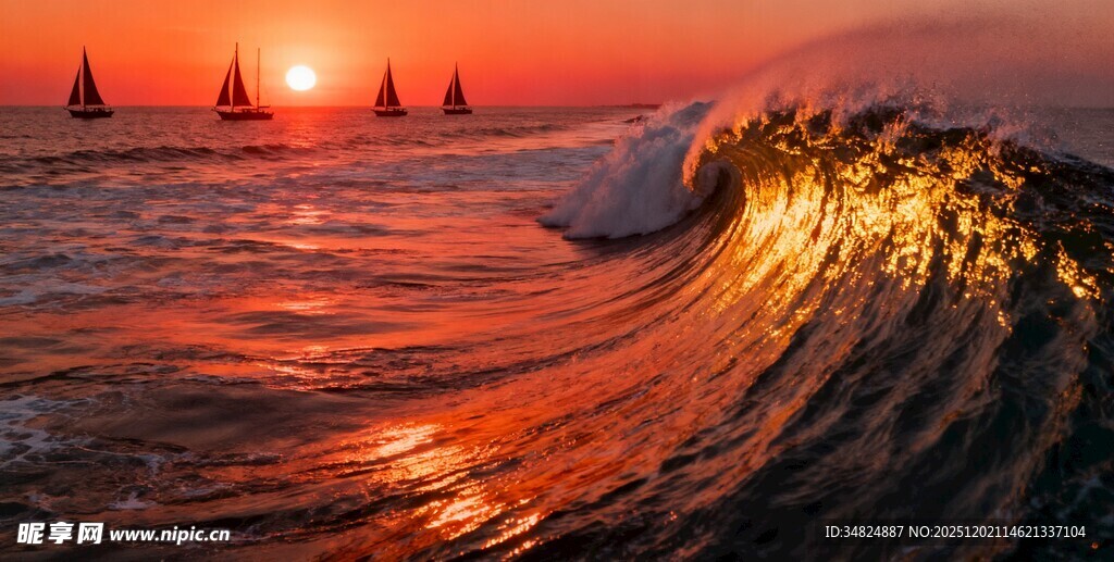 夕阳下的壮美海浪与帆船