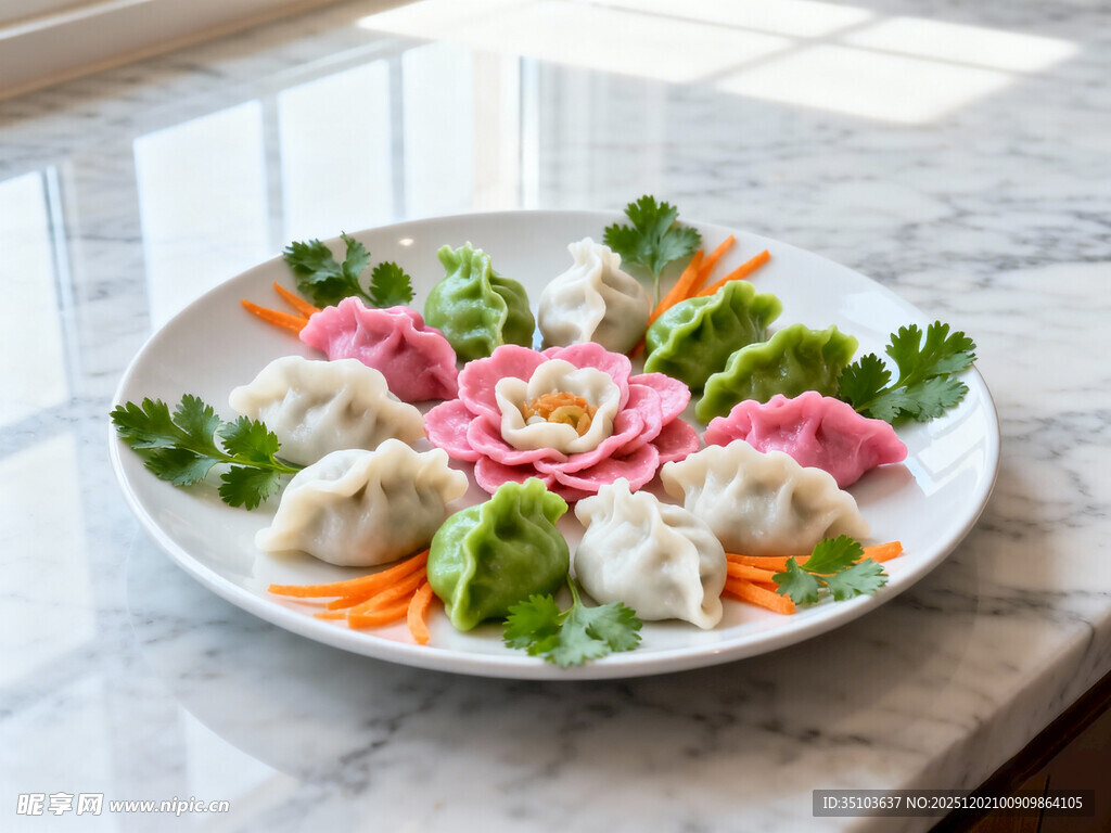 精美摆盘的多彩饺子