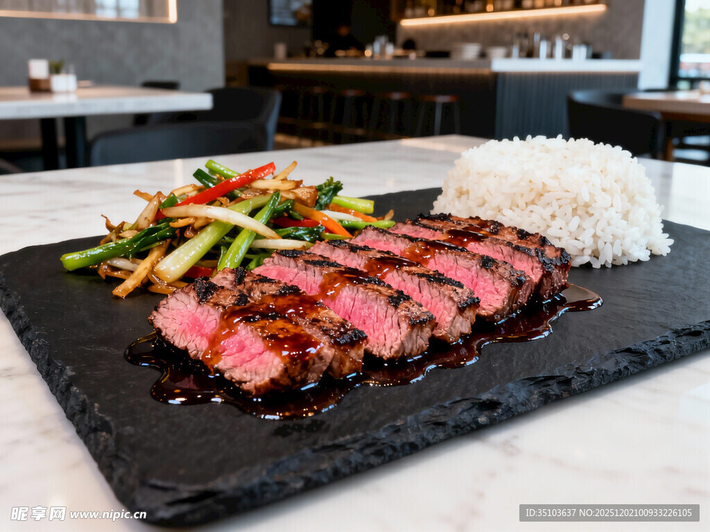 美味牛排配米饭与蔬菜